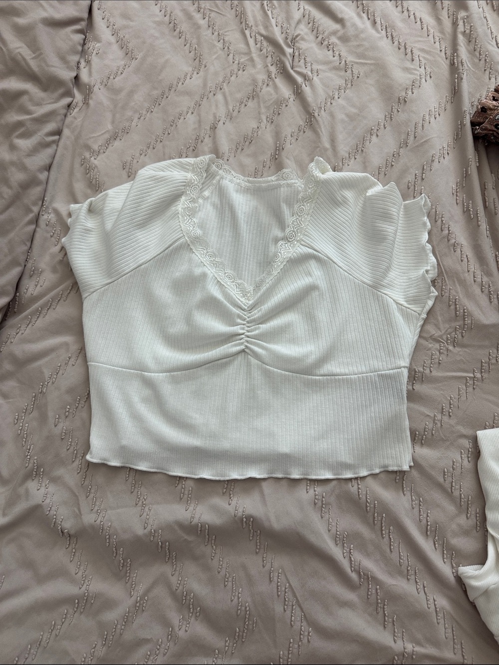 Women's White Lace-Trim Ribbed Crop Top